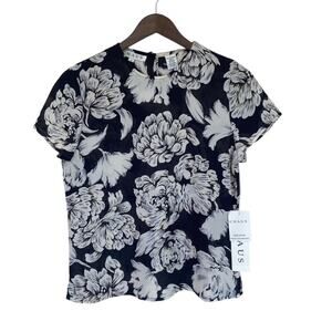 Chaus Dark Navy Sheer Floral Blouse - Size 6 - NWT